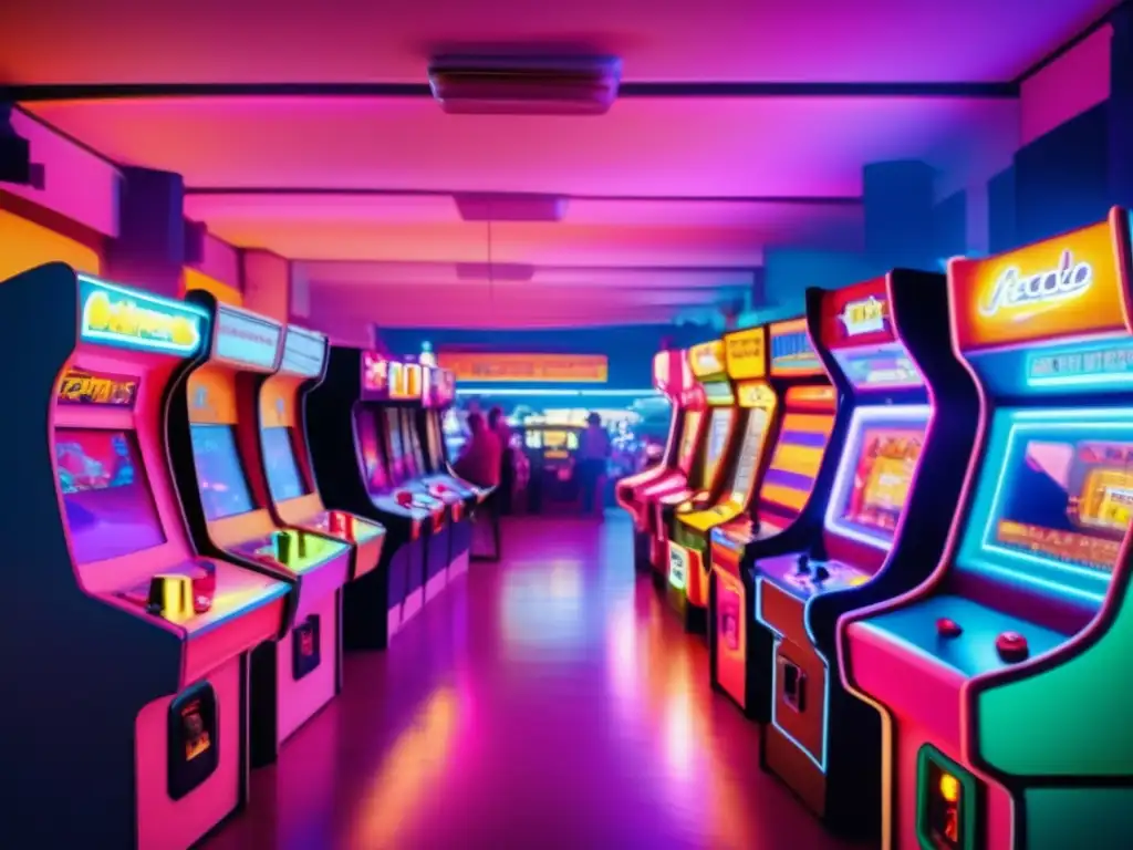 Un ambiente vibrante de un arcade retro de los 80, con máquinas de juegos iluminadas en neón y personas disfrutando de los clásicos. <b>Influencia de la nube en diseño de juegos.