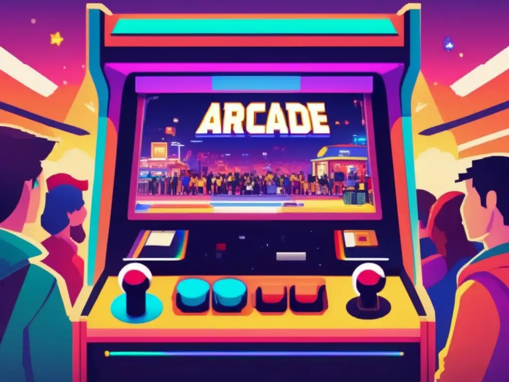 Un ambiente vibrante con una máquina arcade retro y jugadores disfrutando de juegos indie. <b>Modelos de financiamiento en juegos indie.