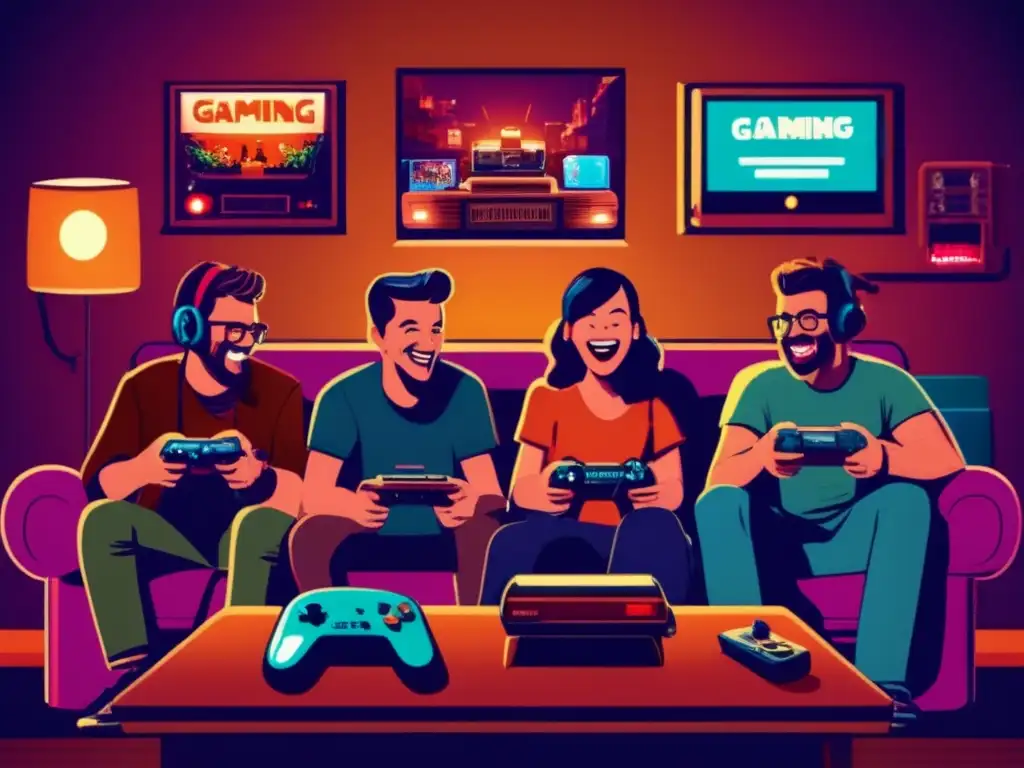 'Amigos riendo y jugando videojuegos en un ambiente retro acogedor. Impacto cultural de los videojuegos.'
