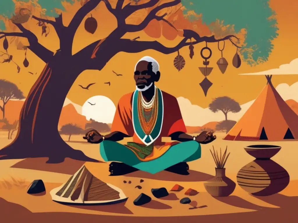 Un anciano africano realiza juegos de adivinación bajo un árbol. <b>La escena rebosa tradición y sabiduría ancestral.