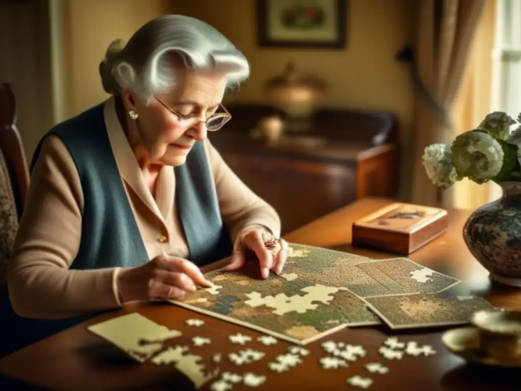Un anciano concentrado armando un rompecabezas en una habitación nostálgica. <b>Beneficios cognitivos armar puzzles adultos.