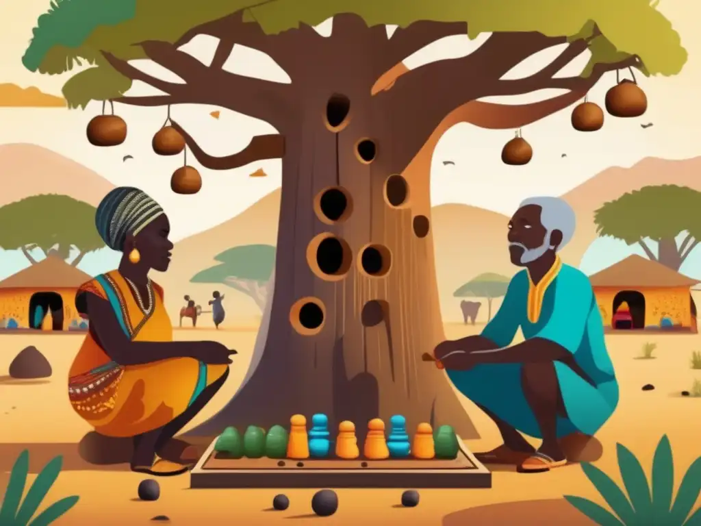 Dos ancianos africanos juegan Mancala bajo un baobab en una aldea vibrante al atardecer. <b>Origen y reglas del juego Mancala.