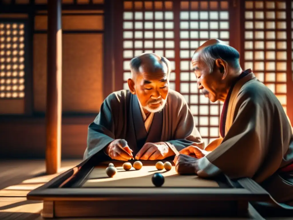 Dos ancianos juegan al Go en un ambiente tradicional asiático, evocando sabiduría y estrategia. <b>Filosofía y estrategia del juego Go.