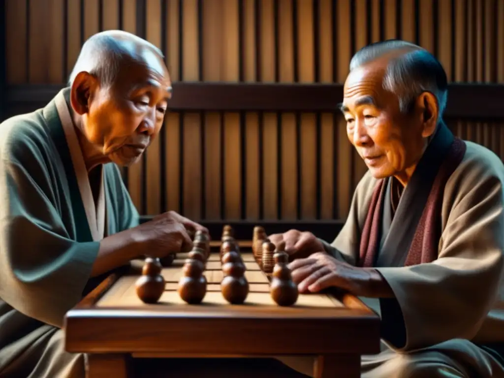 Dos ancianos asiáticos juegan Go en una atmósfera de sabiduría estratégica. <b>Legado estratégico de Go en Asia.