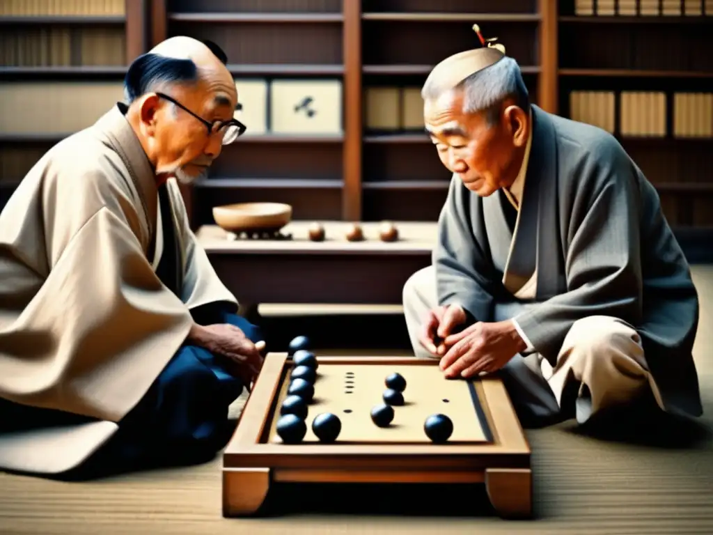 Dos ancianos concentrados en un intenso juego de Go, rodeados de libros y piezas antiguas, evocando la historia del juego de Go.