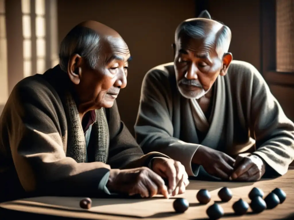 Dos ancianos juegan Go en una habitación tenue, con expresiones de concentración. <b>Captura la historia del juego de Go.