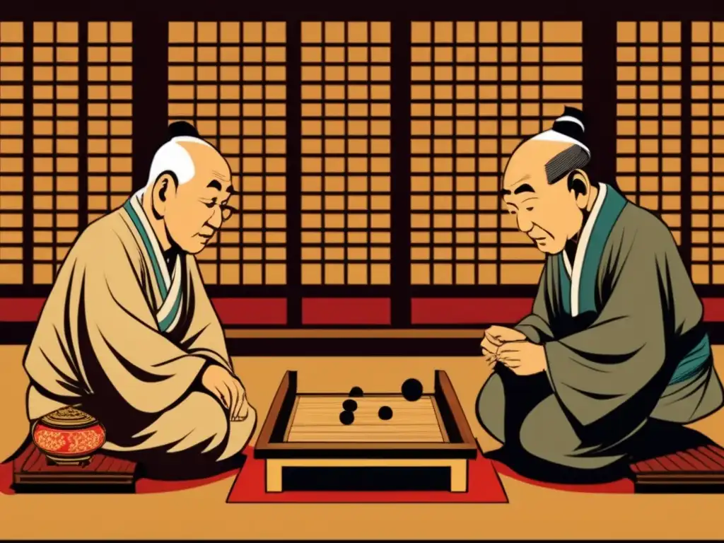 Dos ancianos sabios juegan Go en un ambiente tradicional asiático, reflejando filosofía y estrategia del juego.