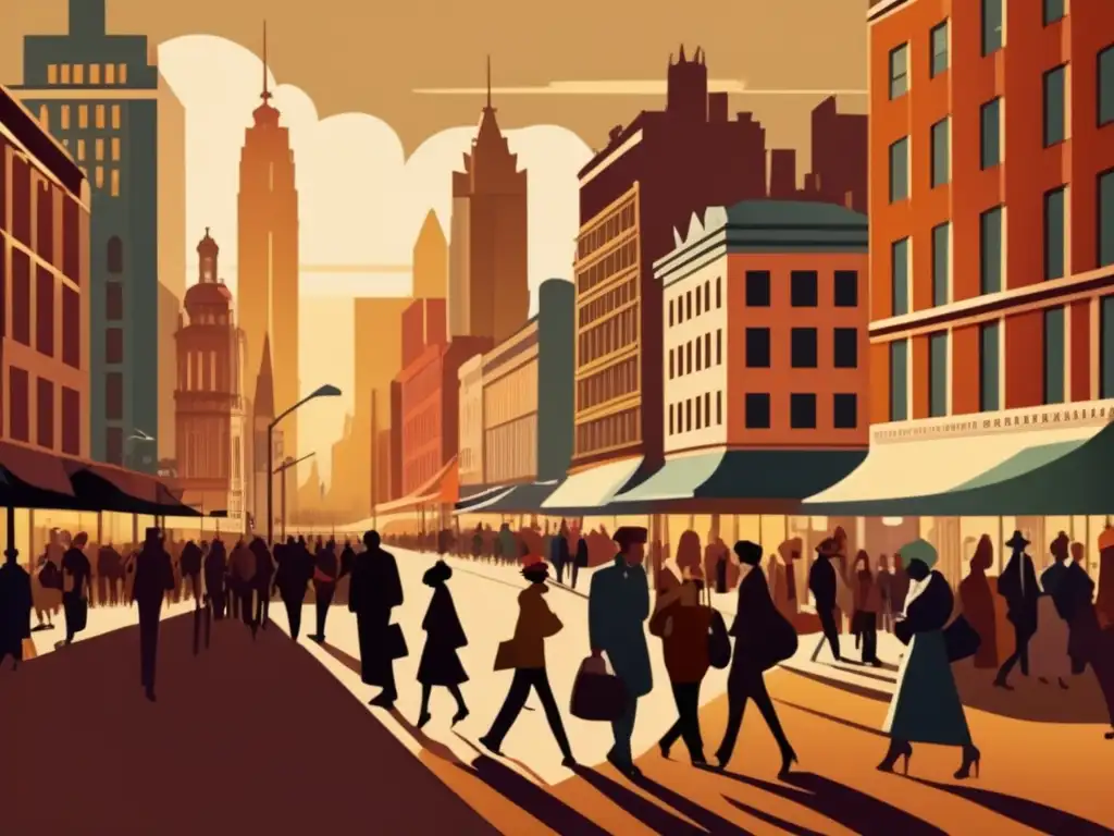 Una ilustración vintage de una animada calle urbana, reflejando la metáfora social en novelas contemporáneas.