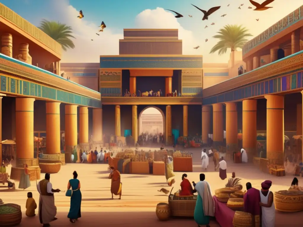 En la animada ciudad antigua de Babilonia, la historia, los juegos de azar y el impacto cultural se entrelazan en un bullicioso mercado lleno de colores, detalles intrincados y un caos vibrante.