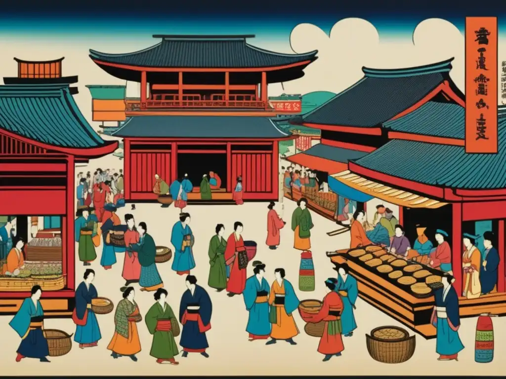 Una animada escena de un antiguo mercado japonés, con vendedores y clientes entre puestos coloridos. <b>Captura la esencia de la prosperidad en Japón.