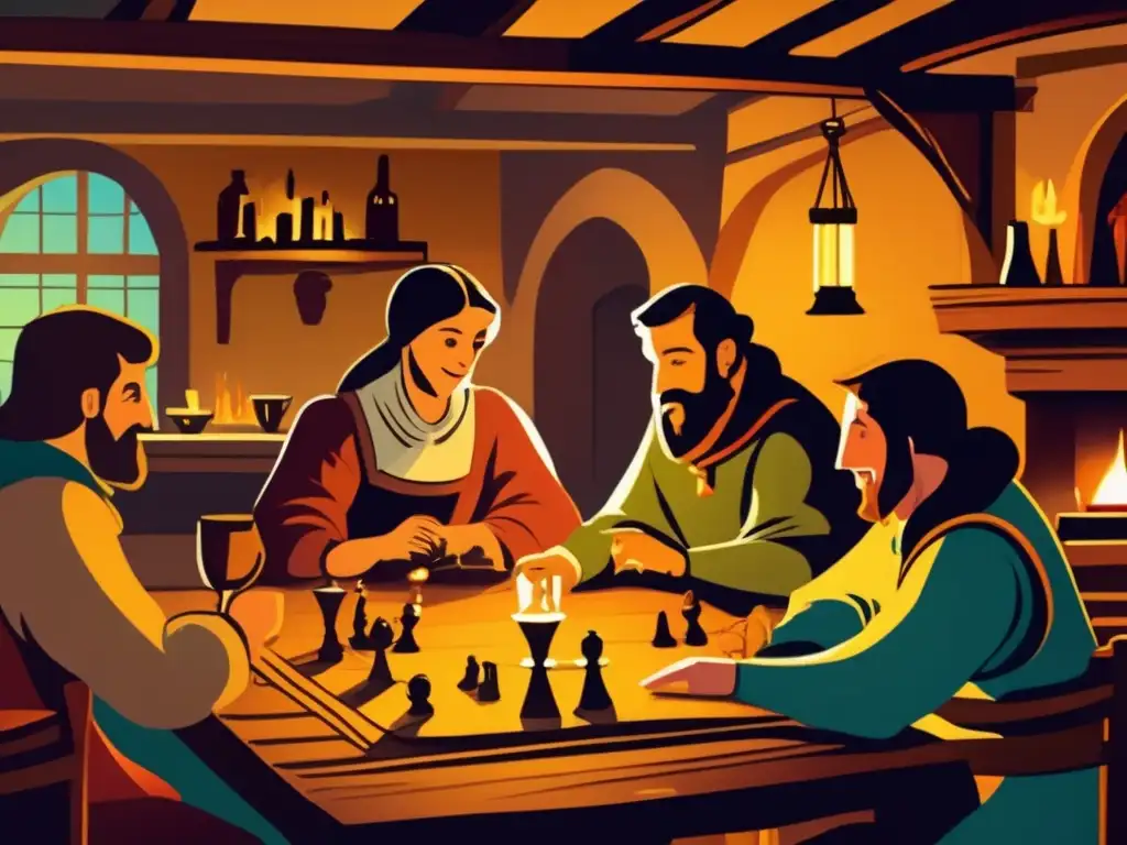 Una animada escena de taberna medieval con gente disfrutando de juegos de taberna en la Europa medieval, rodeados de velas y el cálido resplandor de la chimenea.