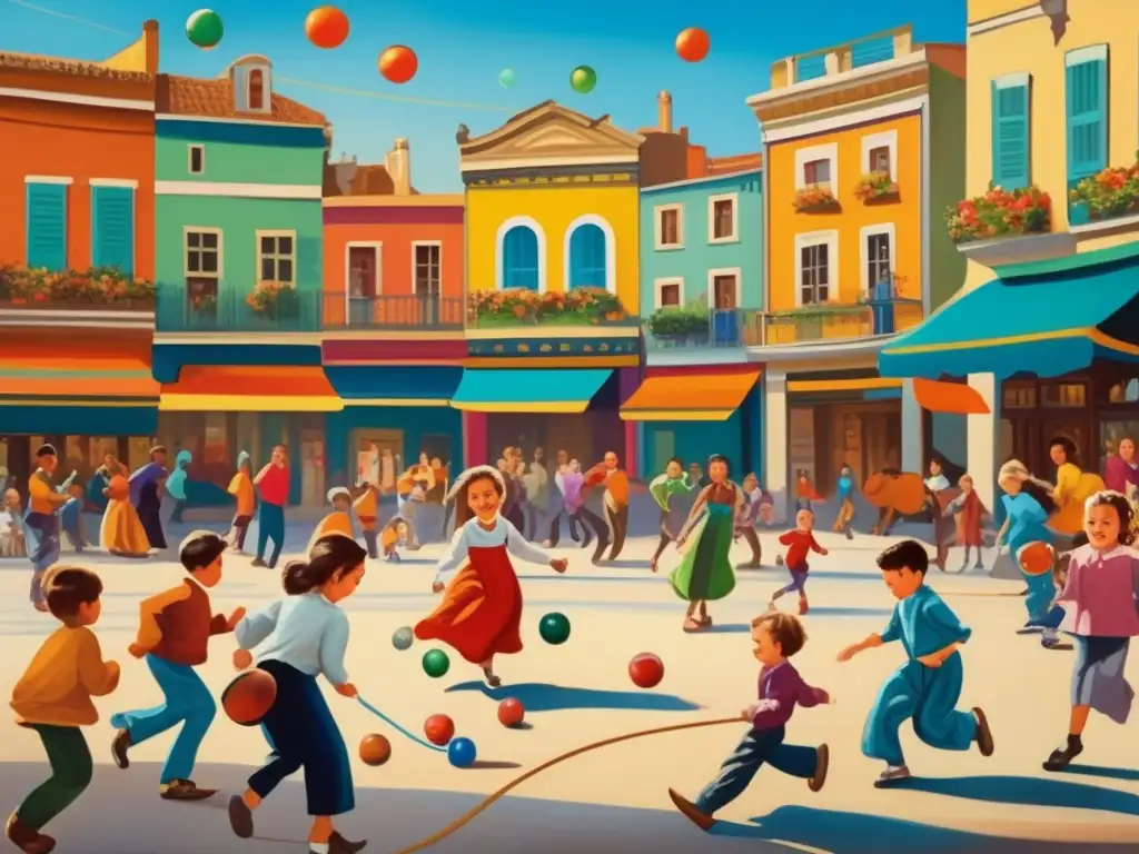 Una animada pintura vintage de juegos tradicionales en la plaza. <b>Niños riendo, adultos observando con nostalgia.</b> <b>Edificios coloridos al fondo.