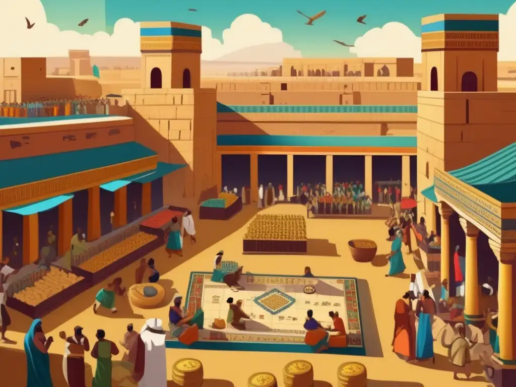 En la animada plaza de juegos de la antigua Babilonia, el impacto cultural de los juegos de azar cobra vida a través de vibrantes ilustraciones vintage que muestran la importancia histórica de la diversión y el entretenimiento.
