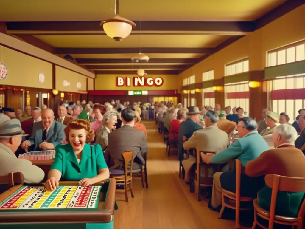 Una animada sala de bingo vintage en América del siglo XX, llena de jugadores entusiastas y cartones de bingo coloridos. El ambiente cálido y nostálgico resalta el impacto cultural del bingo en América.