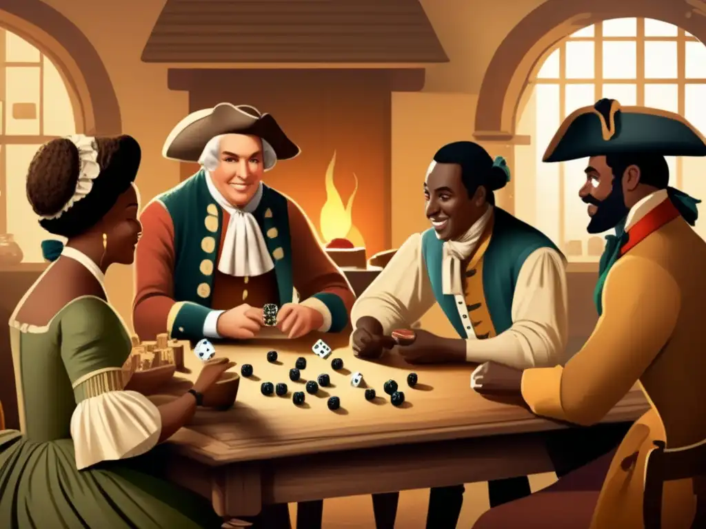 Un animado ambiente colonial con gente de diversa vestimenta jugando dados en una taberna. <b>Juegos de dados en América colonial.