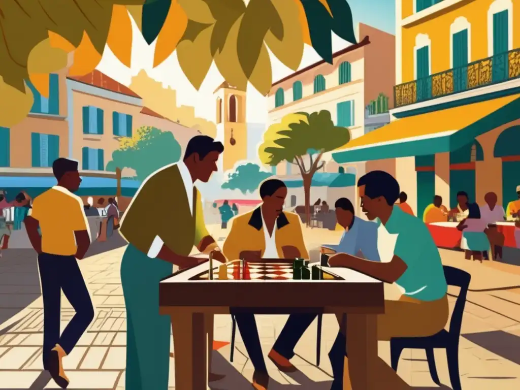 Un animado café al aire libre en una ciudad histórica de América Latina, donde la gente disfruta de una partida de backgammon. <b>Desarrollo histórico del backgammon en América.