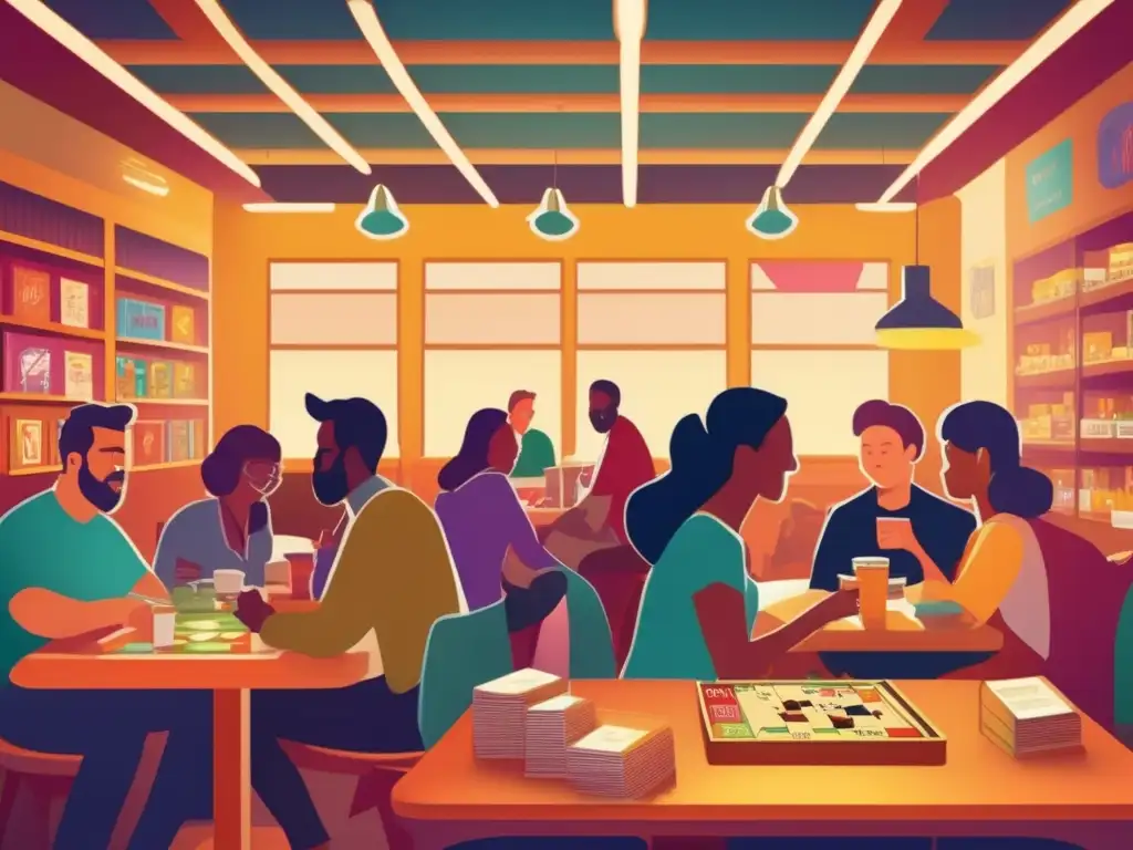 Un animado café de juegos de mesa con una atmósfera acogedora y cálida, destacando el impacto cultural del crowdfunding en juegos de mesa.