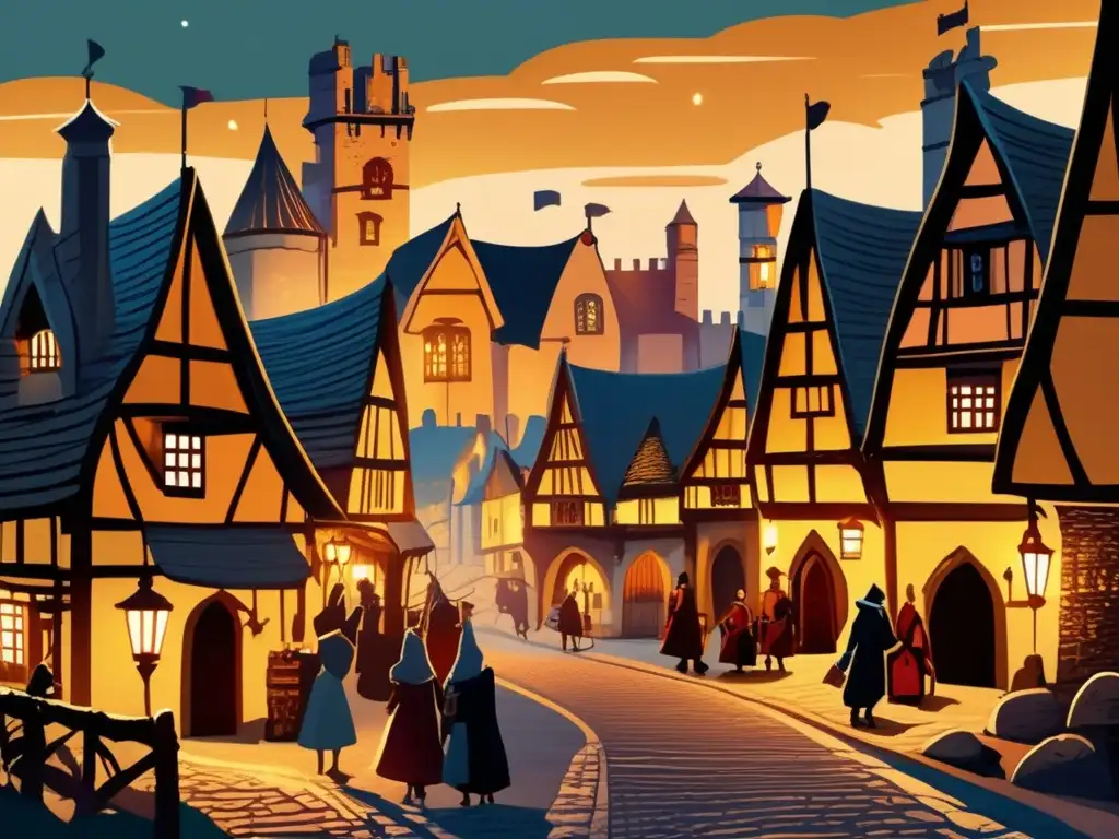 Un animado y detallado pueblo medieval de fantasía con calles empedradas, casas de techo de paja y un imponente castillo al fondo. El cálido resplandor de antorchas y faroles ilumina la escena, mientras los lugareños visten trajes de la época y llevan