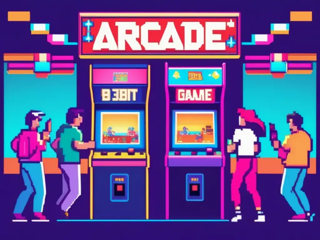 Un animado escenario retro de arcade con jugadores entusiastas disfrutando de la revolución gráfica en videojuegos 80s.