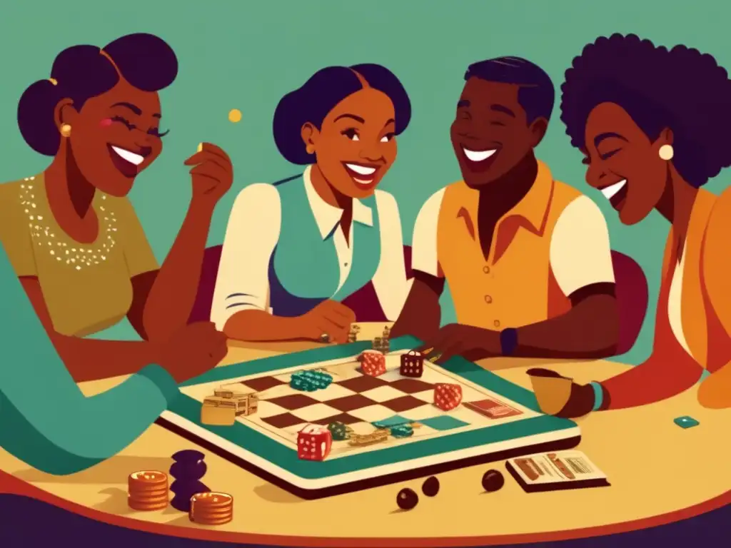 Un animado grupo diverso disfruta de un juego de mesa vintage, reflejando el impacto cultural del crowdfunding en juegos de mesa. <b>La cálida imagen en tonos sepia transmite camaradería y diversión atemporal.