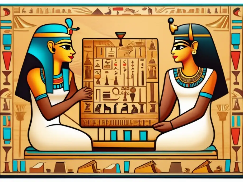 Un animado juego de Senet en el Antiguo Egipto, con tablero y piezas bellamente decorados. <b>La atmósfera vintage evoca la cultura y los juegos de mesa en el Antiguo Egipto.