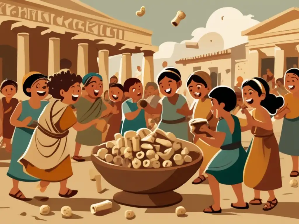 Un animado juego de astrágalos en la antigua Grecia, con niños riendo y lanzando los huesos en un bullicioso mercado. <b>Juegos con astrágalos en Grecia.