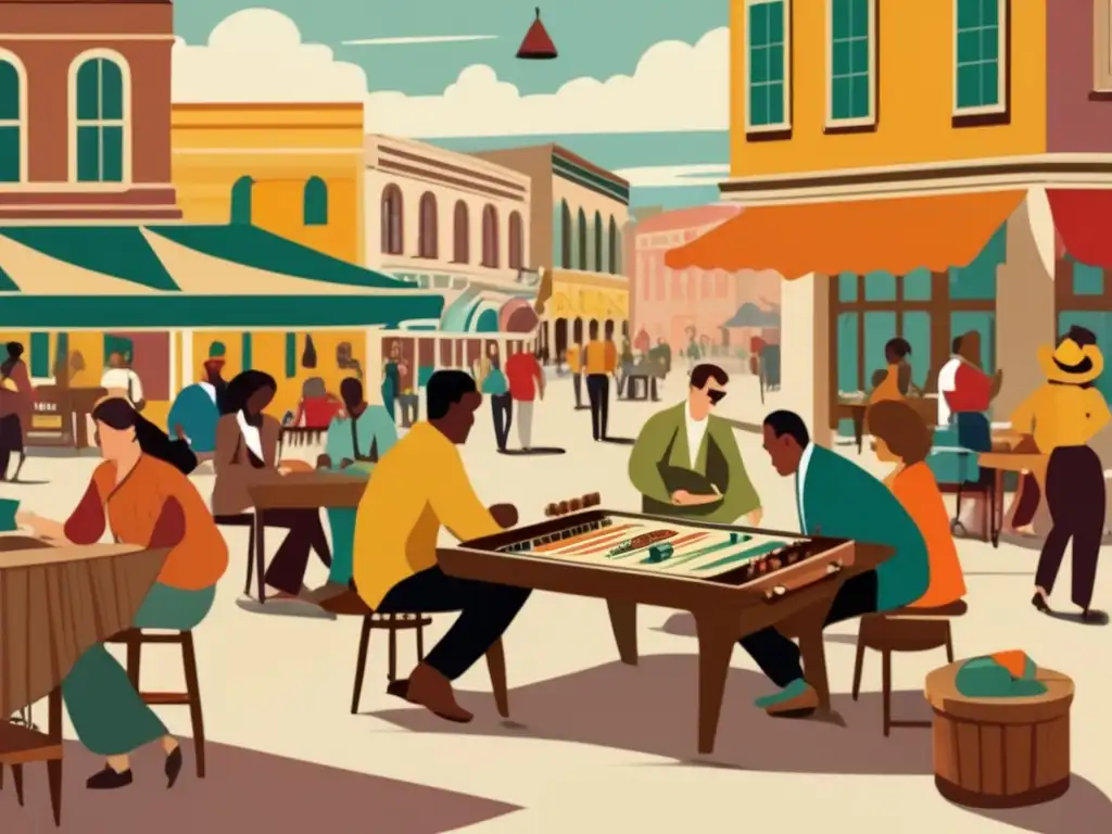 Un animado juego de backgammon en la plaza de una bulliciosa ciudad, con edificios coloridos de fondo y tableros intrincadamente diseñados. Refleja la rica historia del backgammon en América, con gente de todas las edades disfrutando de la competencia amistosa y conversaciones.