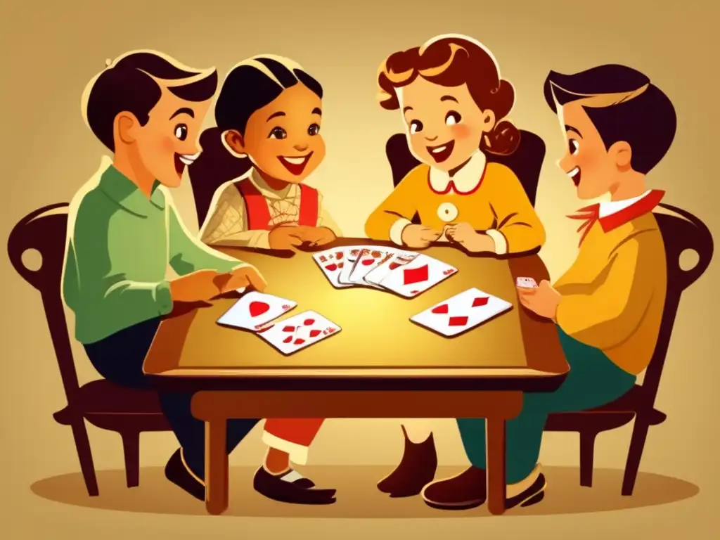 Un animado juego de cartas educativas de vocabulario, con niños disfrutando y aprendiendo en una cálida y nostálgica ilustración vintage.