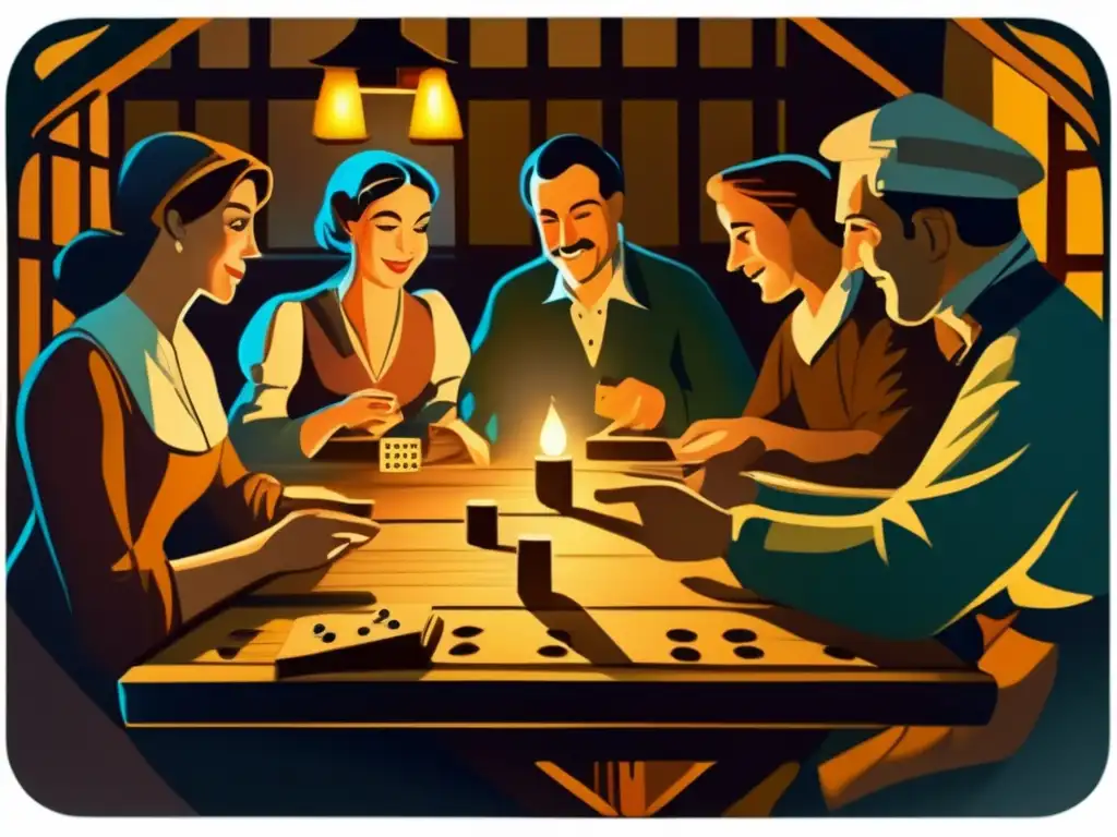 Un animado juego de dominó en una taberna europea, iluminado por velas. <b>Refleja la historia del dominó europeo y su legado cultural.
