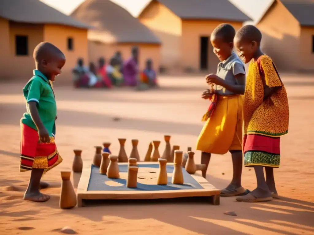 Un animado juego de niños en una plaza africana, con piezas de madera y un tablero de tela. <b>La luz dorada del atardecer crea una atmósfera nostálgica y atemporal.</b> <b>Historia juegos tradicionales africanos.