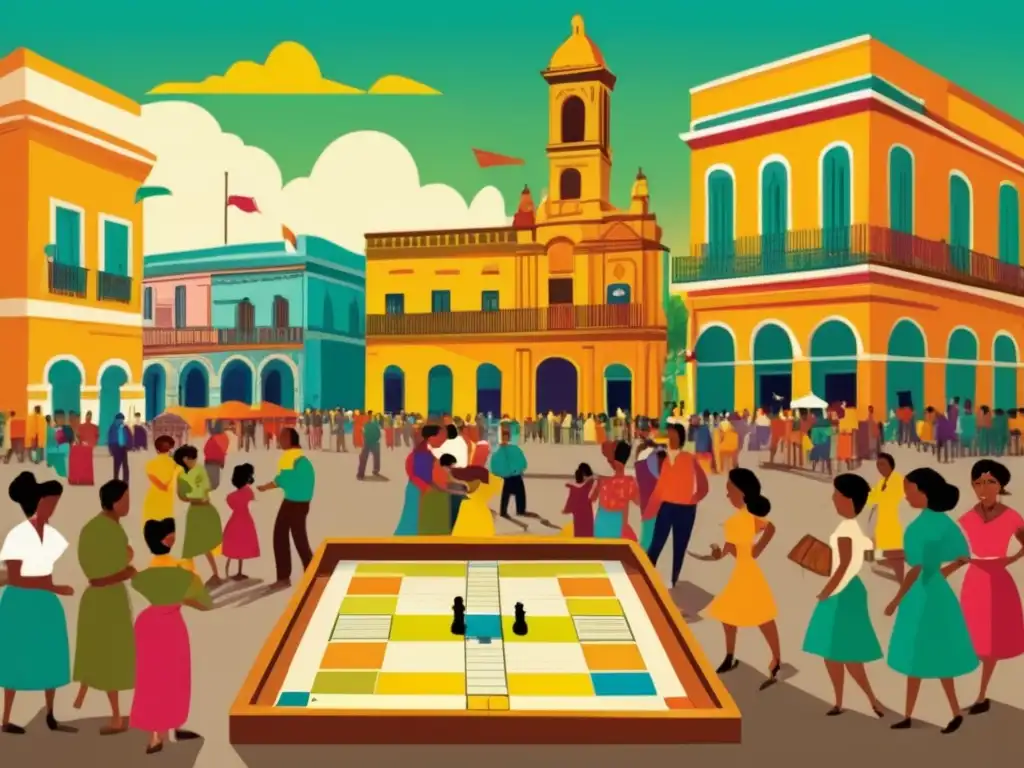 Un animado juego de parchís en una bulliciosa plaza de América Latina, resaltando el impacto cultural del juego.