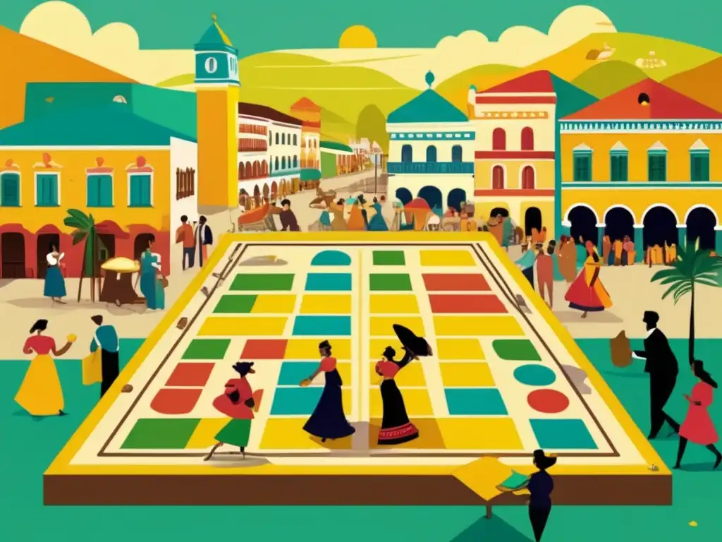 Un animado juego de parchís en una bulliciosa plaza latinoamericana, capturando el impacto cultural del juego en América Latina.