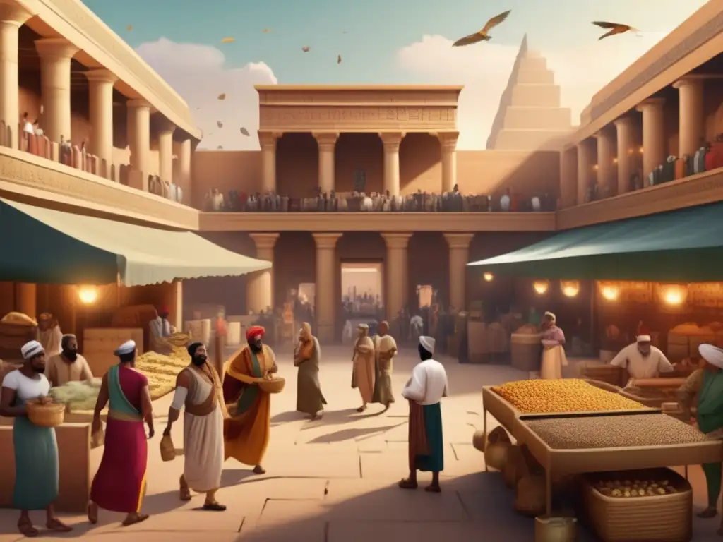 Un animado mercado en la antigua Babilonia, con vendedores y un juego de azar. <b>Detalles históricos y energía cultural.