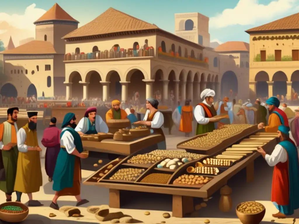 En un animado mercado antiguo de Europa, mercaderes y comerciantes juegan Mancala, destacando su influencia en la historia y difusión cultural.