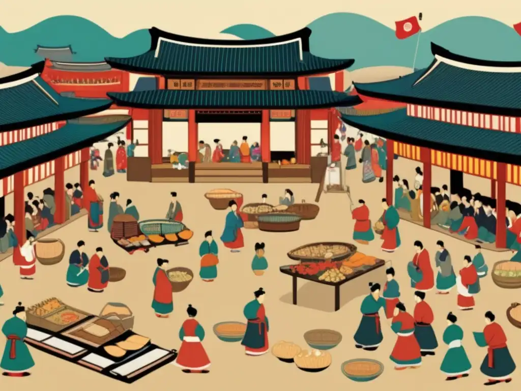 Un animado mercado antiguo en Corea con un juego de Nyout. <b>Detalles tradicionales y la importancia cultural e histórica del Nyout.