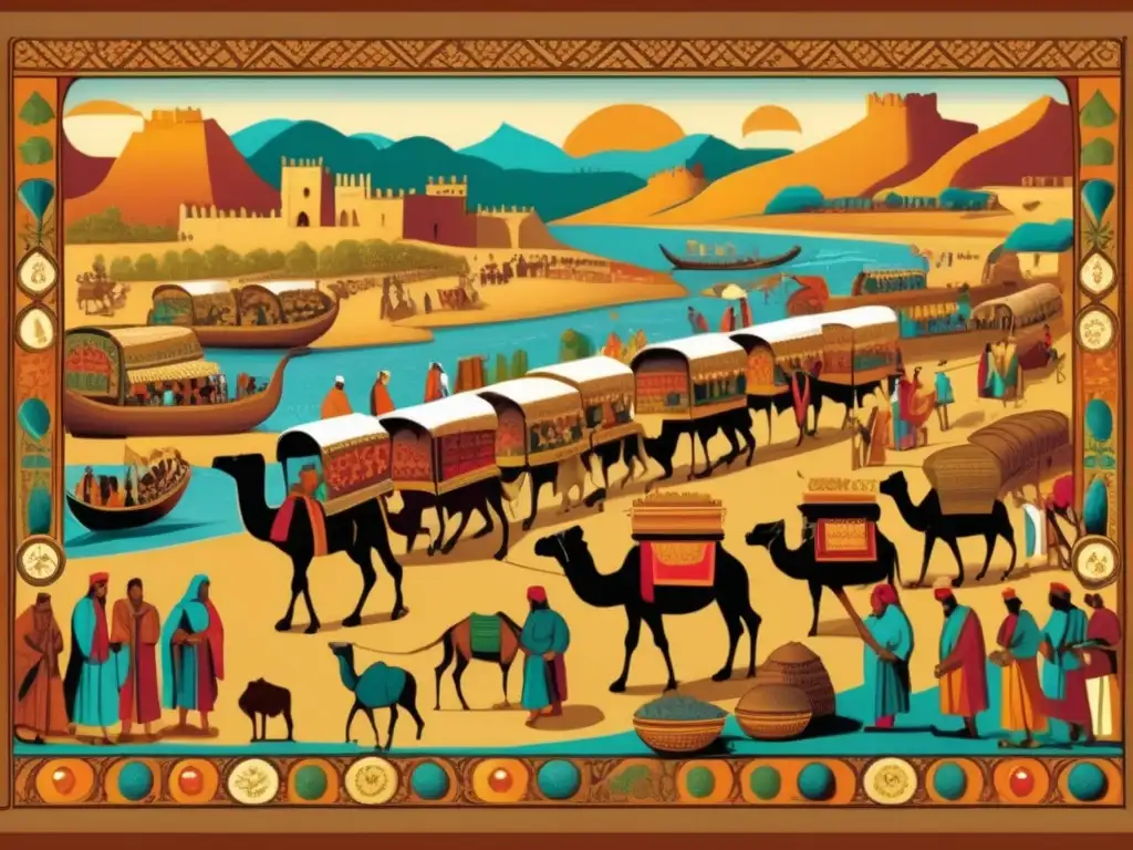 Un animado mercado medieval de comerciantes intercambiando bienes a lo largo de rutas comerciales antiguas, con caravanas de camellos y escenas bulliciosas que representan el intercambio de bienes culturales y comerciales. La ilustración captura la esencia de la expansión del juego Manc