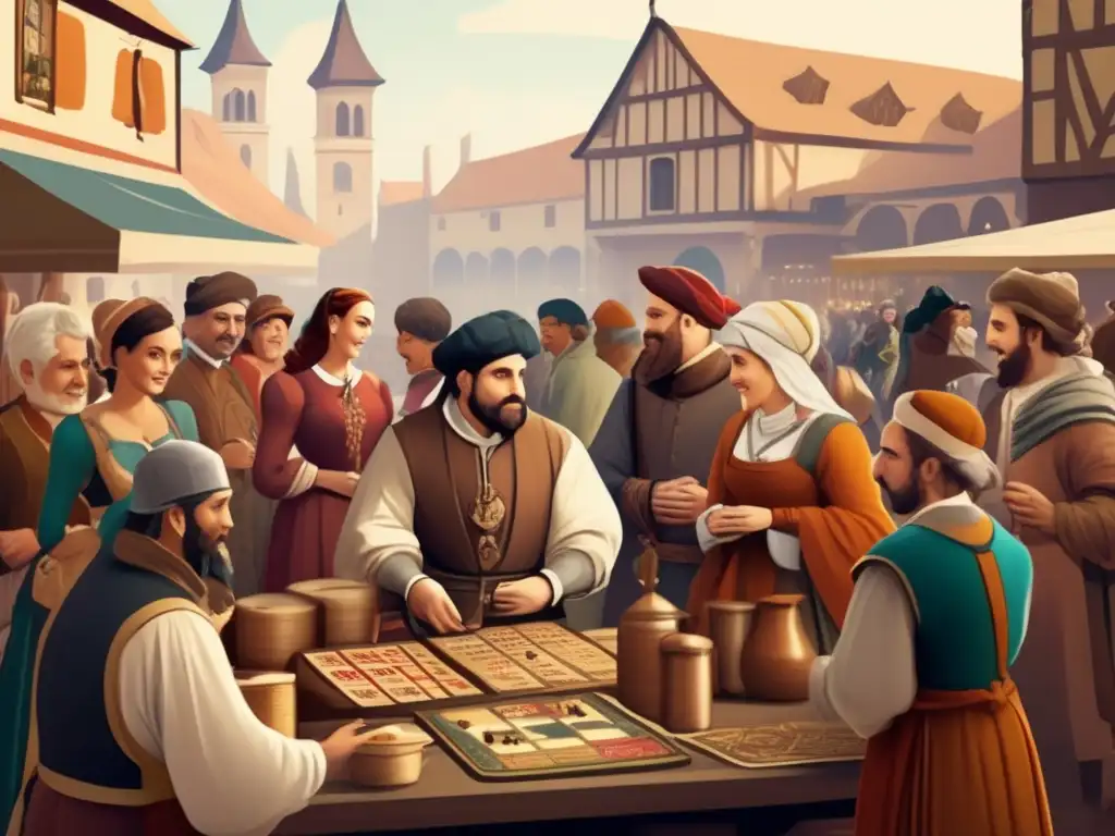 Un animado mercado renacentista donde se venden y demuestran juegos de mesa y cartas, capturando la innovación en juegos de mesa de la época.