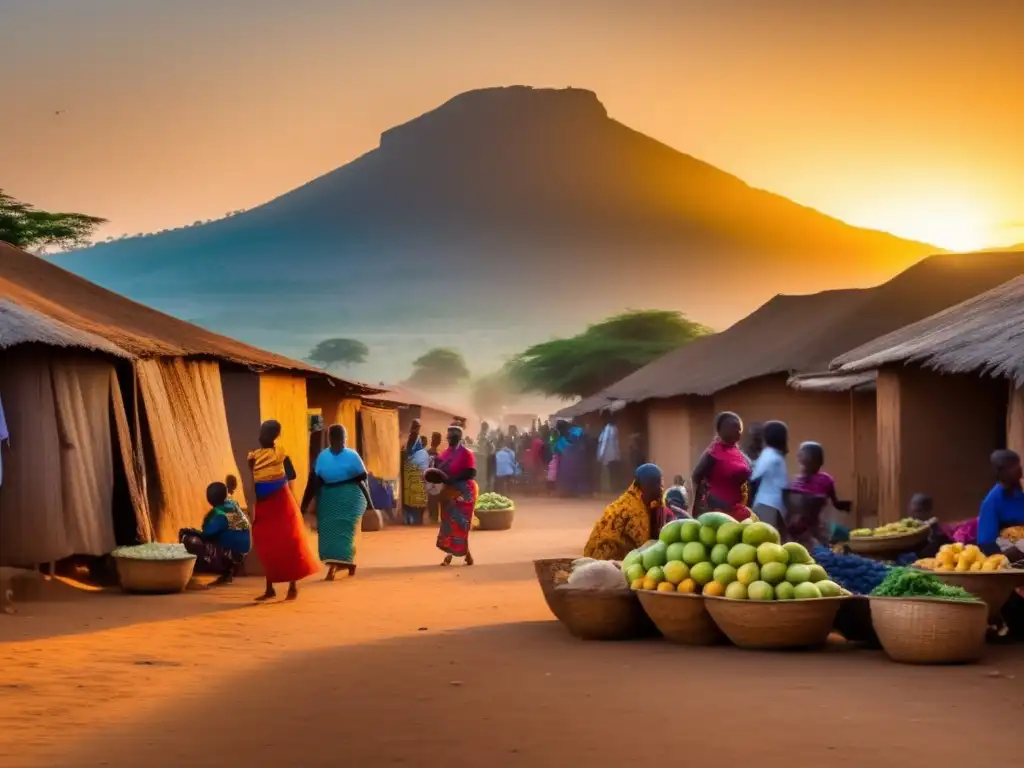 Un animado mercado rural africano con mujeres vendiendo frutas y verduras, niños jugando juegos tradicionales y una puesta de sol dorada sobre la escena. <b>Juegos de simulación en África.