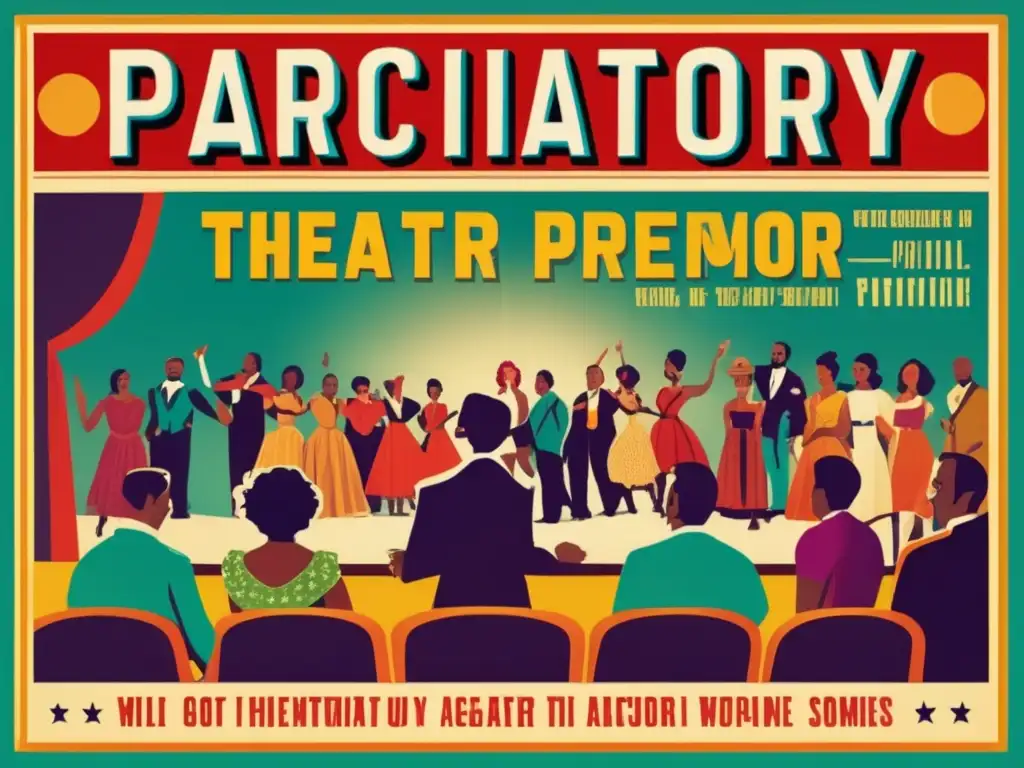 Un animado y vibrante cartel vintage de Teatro de Participación en Juegos Sociales, con diversa audiencia interactuando con actores en un escenario.