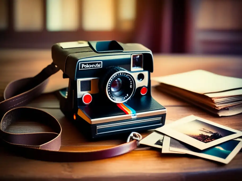 Una antigua cámara Polaroid descansa sobre una mesa de madera desgastada, rodeada de fotografías descoloridas. <b>La correa de cuero desgastado cuelga del borde de la mesa, mientras la suave luz que filtra por una ventana cercana baña la escena con un cálido y nostálg