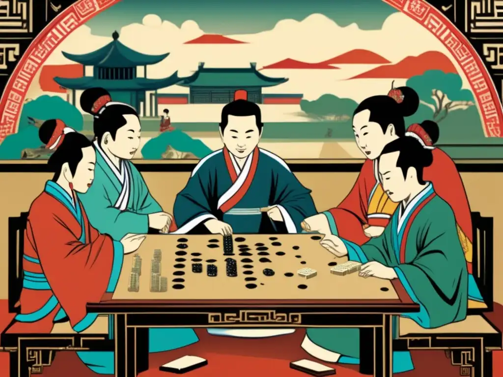 Antigua ilustración de eruditos chinos jugando dominó, con detalles detallados y paisajes serenos. <b>Captura la influencia china en la historia del dominó.