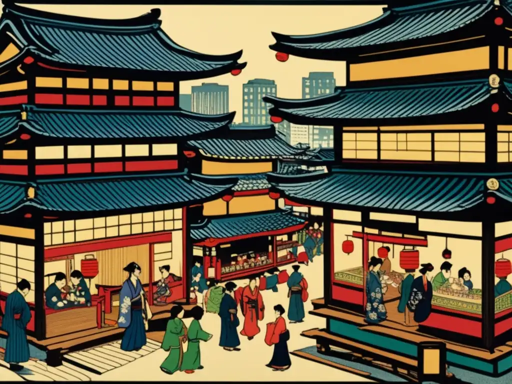 Una antigua impresión en bloque de madera detalla una concurrida calle en el antiguo Tokio, con arquitectura japonesa tradicional y faroles que bordean el camino. La gente se reúne alrededor de un animado salón de juegos, con jugadores absortos en partidas de dados y