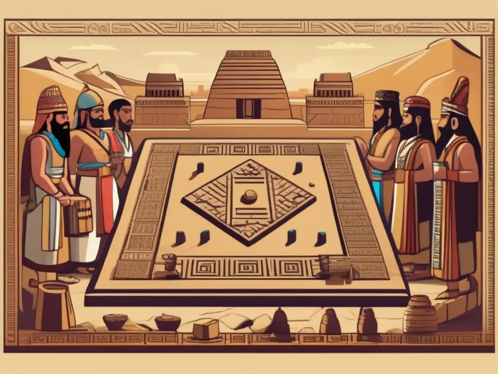 Antigua ilustración de un juego estratégico sumerio en una bulliciosa ciudad, capturando la rica historia de este juego milenario.