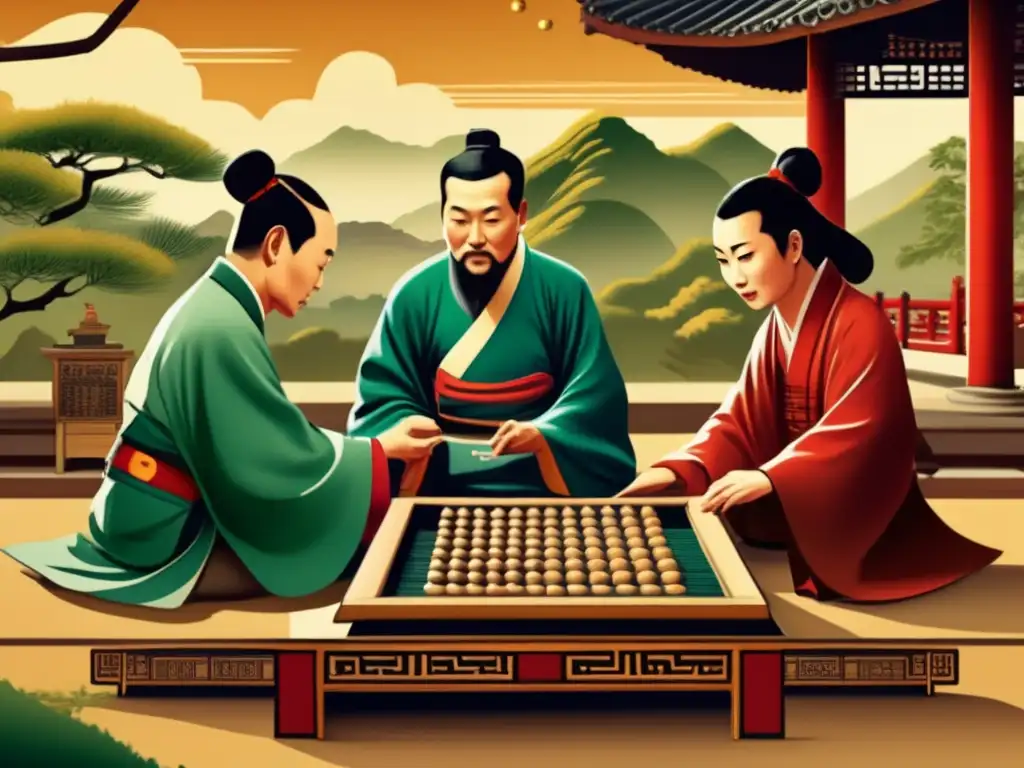 Antigua ilustración de sabios chinos jugando Weiqi, con detalles detallados del juego y arquitectura tradicional. <b>Refleja las raíces filosóficas del juego de tablero chino.