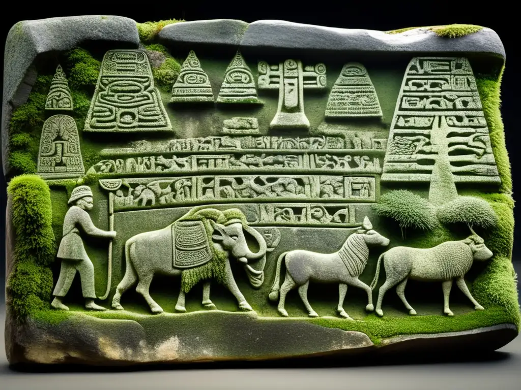 Una antigua tabla de piedra con grabados detallados de ancianos jugando juegos de adivinación culturas antiguas, en tonos cálidos y misteriosos.