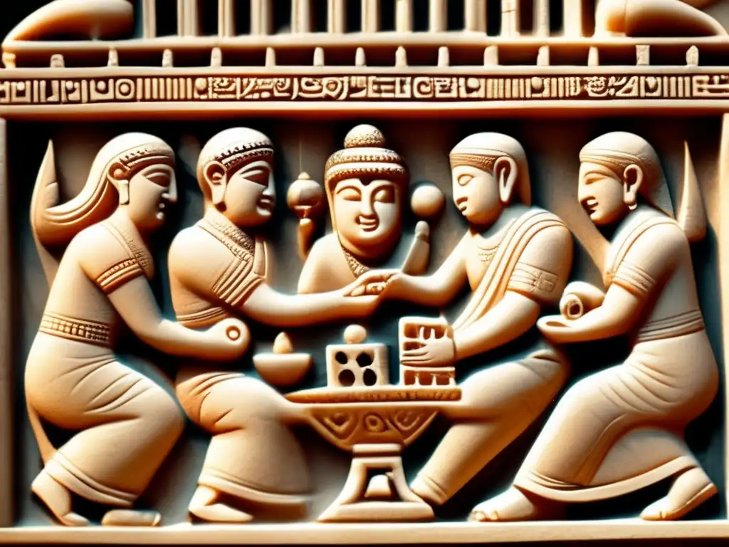 Una antigua talla de piedra muestra a personas jugando dados en un templo, evocando el papel de los juegos de azar en la historia.
