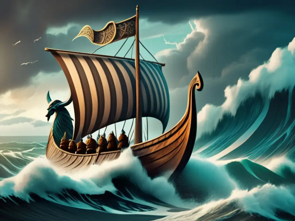 Un antiguo barco vikingo desafiando las aguas turbulentas, con su figura de dragón en proa. <b>Representación impactante de la evolución de los barcos vikingos.