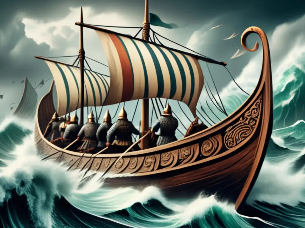 Un antiguo barco vikingo en medio de una dramática batalla marina, mostrando la evolución de los barcos vikingos.