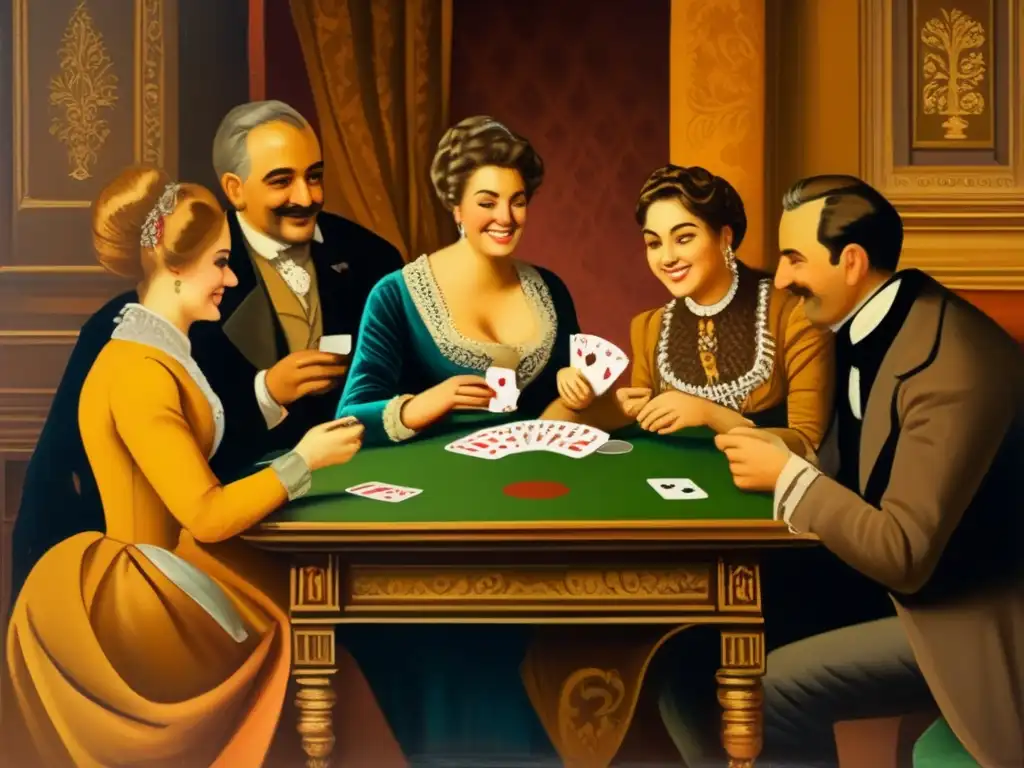 Un antiguo cuadro al óleo detalla a personas jugando cartas en una atmósfera íntima. <b>Simbolismo oculto cartas dados historia.