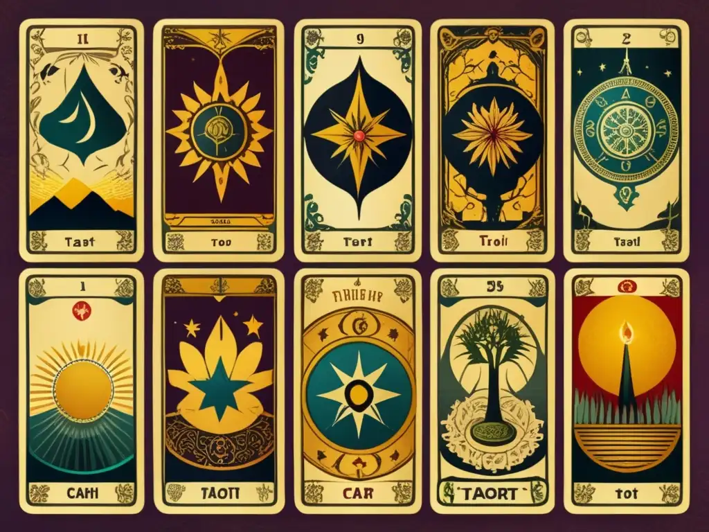 Un antiguo y detallado diseño de tarot en naipes, simbolismo y tradición en cada carta, sobre pergamino envejecido.